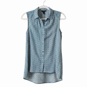 H&M Sheer High Low Top Shirt Blouse Geo Print Blue 4